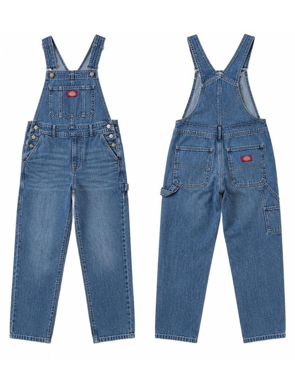 Dickies Women's Medium Denim Boyfriend Fit Bib Overalls Blue Stretch Workwear